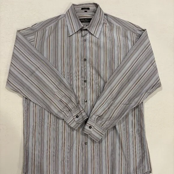 Salavatore Ferragamo Blue/Brown- Striped Button Down Sport Shirt - Picture 1 of 2